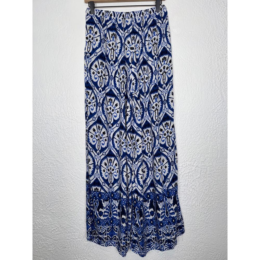 Haute Hippie Style Blue White Boho Printed Wide Leg Palazzo Pants Size Large - Picture 2 of 5